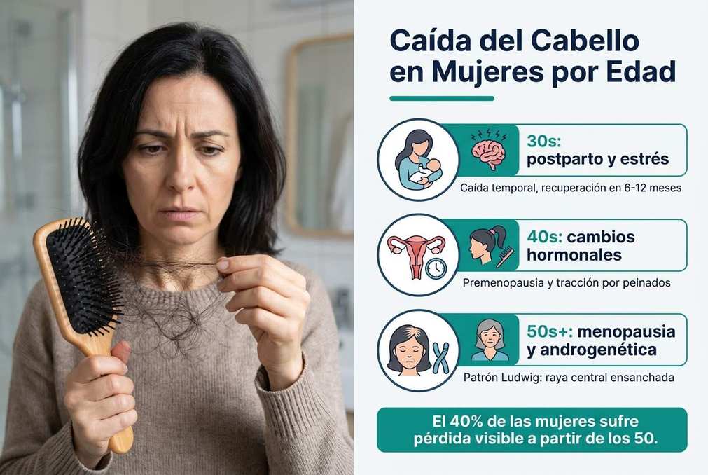 Infografía sobre la caída del cabello en mujeres por edad y causas principales