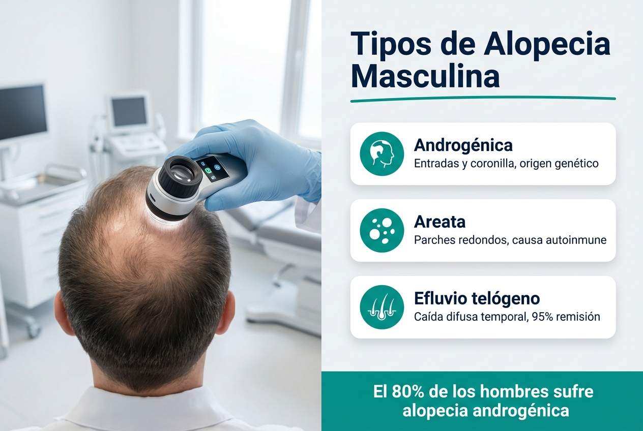 Infografía tipos de alopecia masculina: androgenética, areata y efluvio telógeno