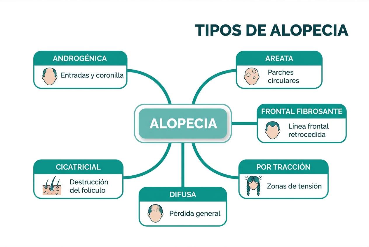 Infografía con los principales tipos de alopecia y sus características