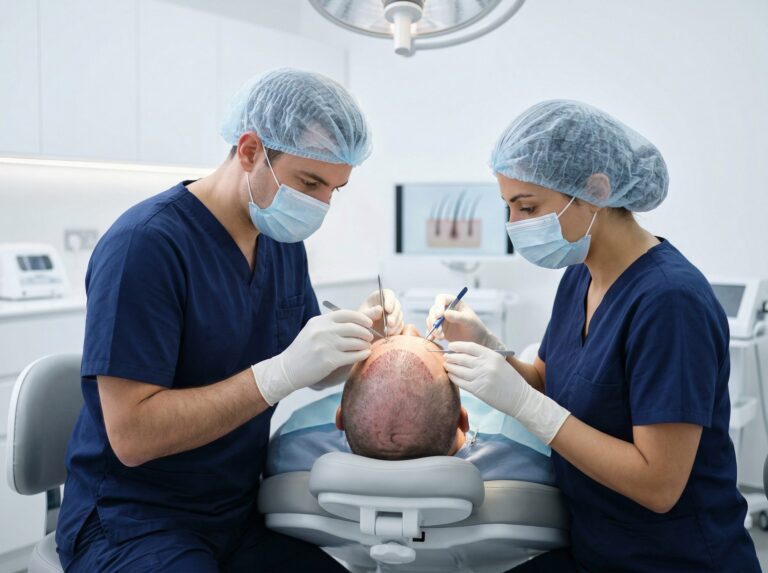 Equipo médico realizando injerto capilar FUE Zafiro durante intervención en quirófano