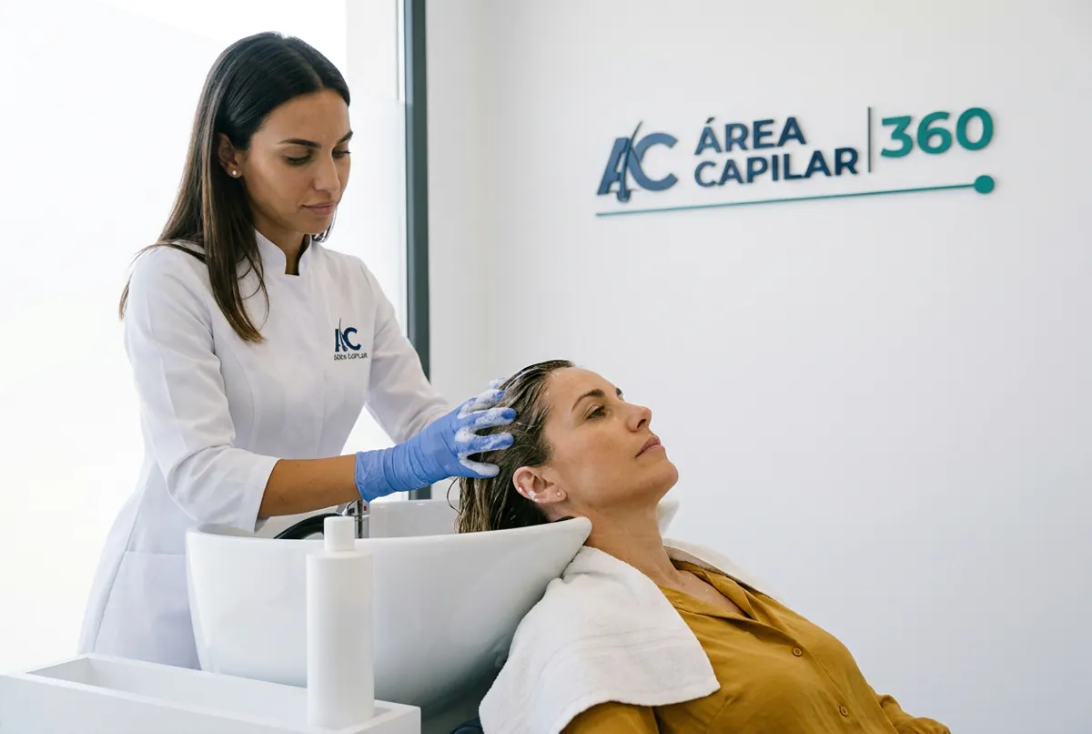 Doctora de Área Capilar aplicando con guantes un champú de ácido salicílico para el pelo a una paciente en el lavacabezas de la clínica