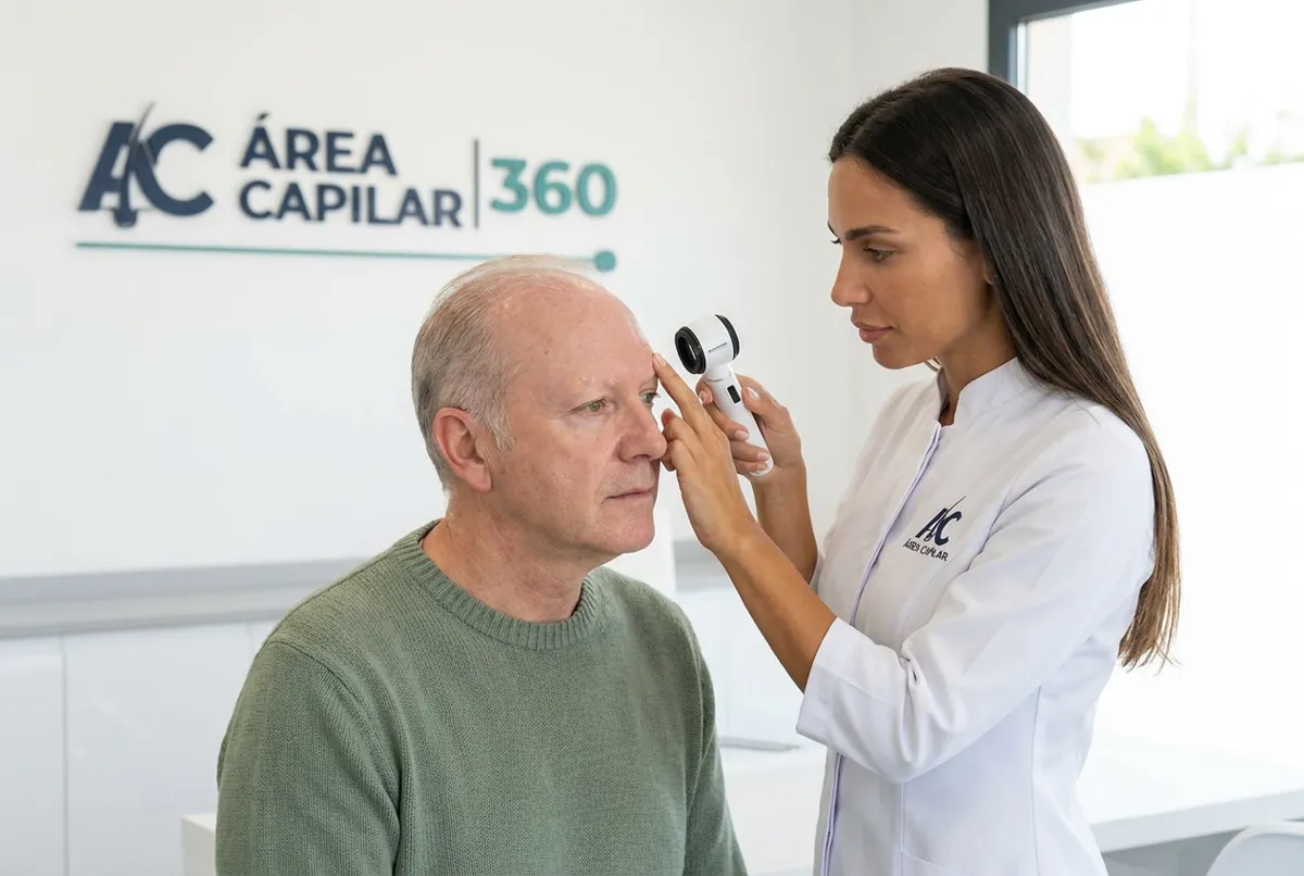 Doctora de Área Capilar examinando con un dermatoscopio la ceja de un hombre canoso con la línea del pelo retrocedida por alopecia frontal fibrosante