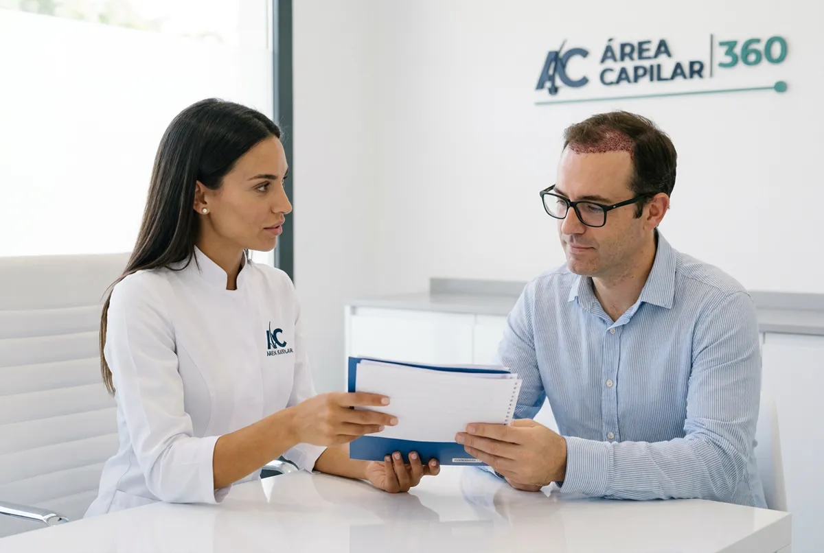 Doctora de Área Capilar entrega el informe postoperatorio a un paciente recién operado de injerto capilar para pedir la baja laboral