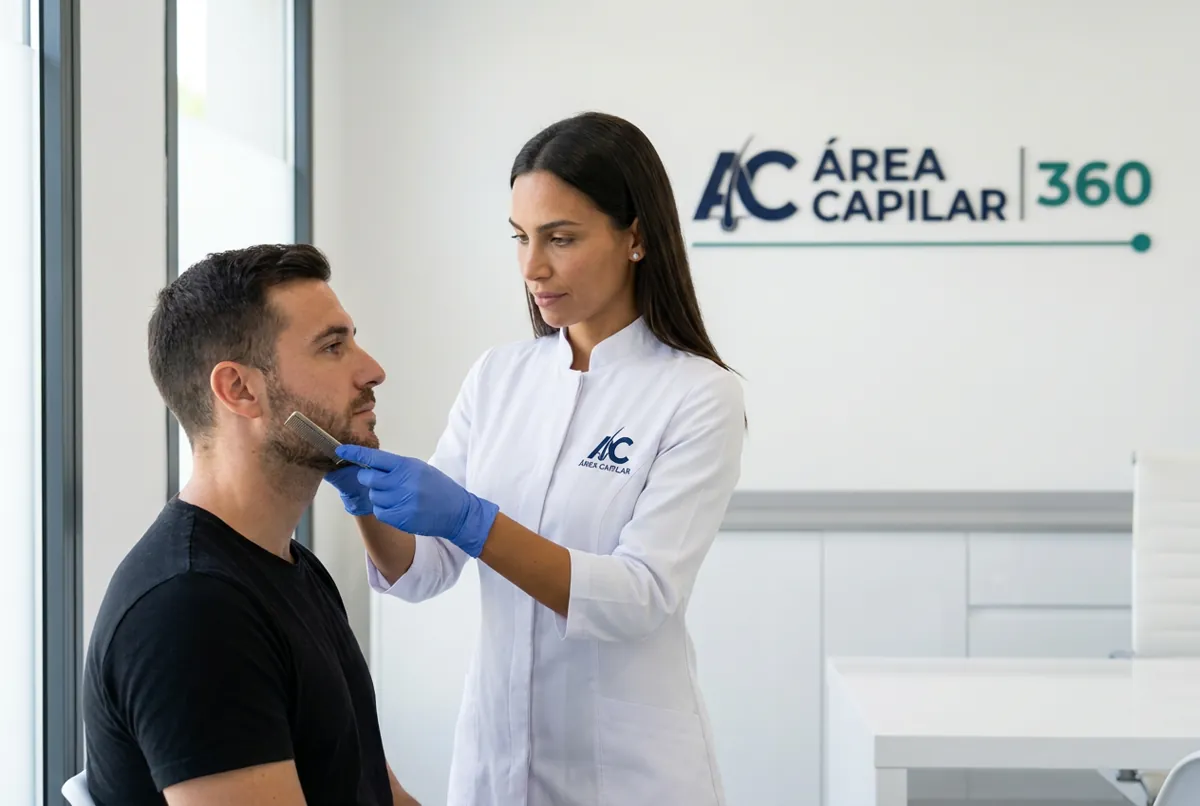 Doctora de Área Capilar pasando un peine fino por la barba de 3 días de un hombre para valorar su densidad, junto a la ventana de la consulta