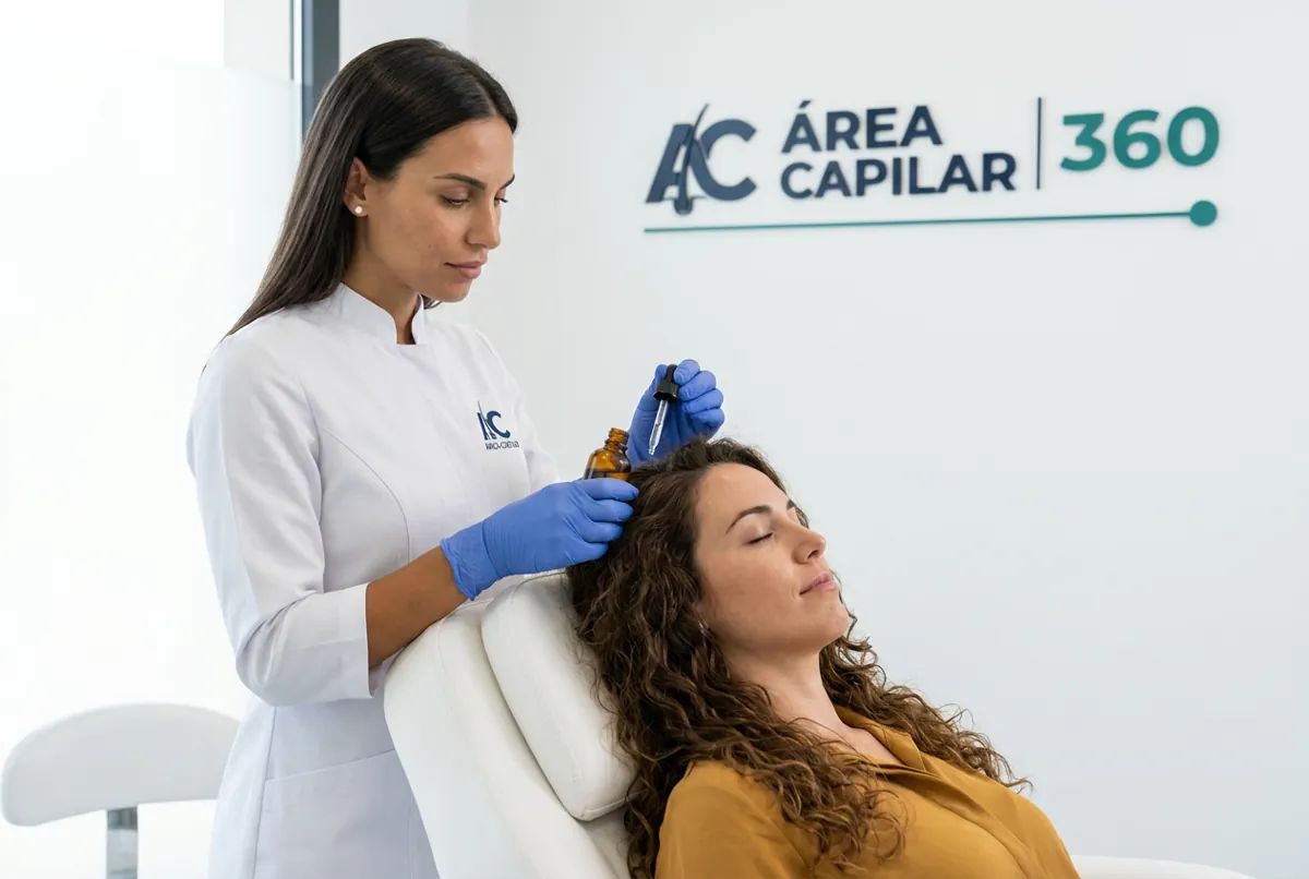 Especialista de Área Capilar aplicando con cuentagotas unas gotas de aceite en la raya del pelo rizado de una mujer en la sala de tratamiento