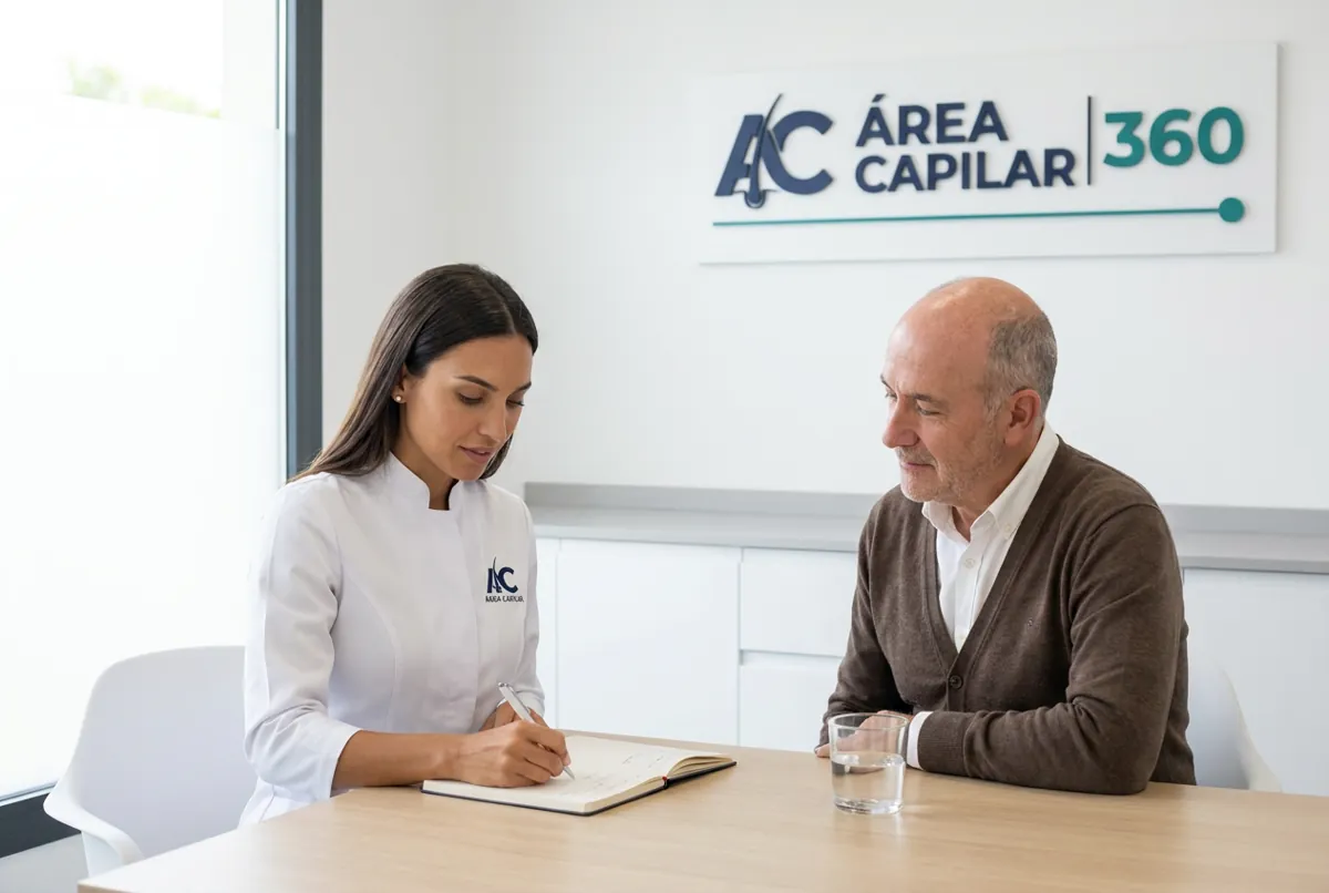 Especialista de Área Capilar escribiendo a mano una pauta de cuidado del cabello para un hombre canoso en la consulta de la clínica