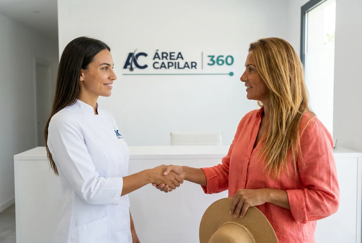 Doctora de Área Capilar recibiendo en la clínica a una mujer de pelo rubio teñido que llega con un sombrero de paja para proteger el pelo del sol