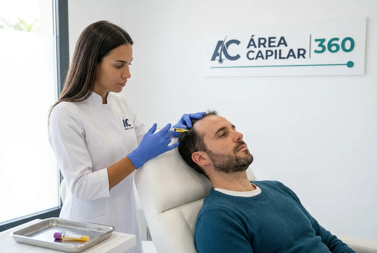 Doctora de Área Capilar poniendo microinyecciones de plasma rico en plaquetas en el cuero cabelludo a un hombre con caída de pelo por estrés en la clínica de Madrid