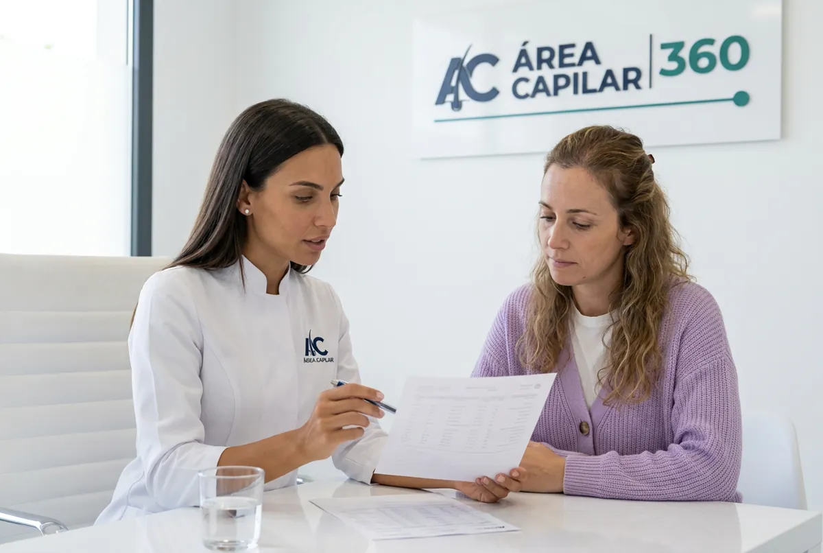 Doctora de Área Capilar explicando a una mujer sus análisis de sangre para descartar otras causas de la caída del pelo por ansiedad