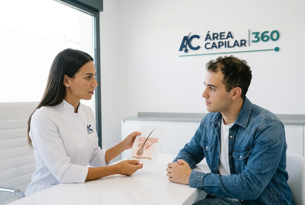 Doctora de Área Capilar explicando con una lámina del folículo piloso la calvicie prematura a un chico joven de pelo rizado en la consulta