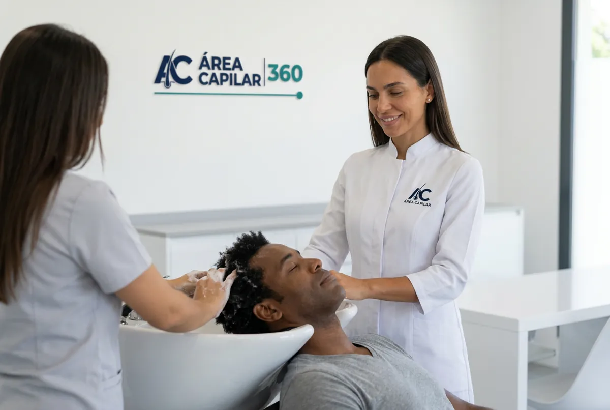 Doctora de Área Capilar dando indicaciones a un hombre de pelo afro corto mientras le lavan el pelo en el lavacabezas de la clínica, para cuidar el pelo del hombre