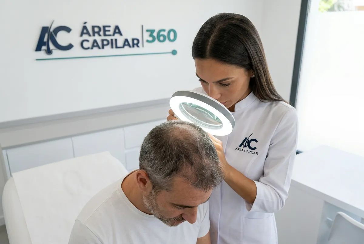 Doctora de Área Capilar examinando con una lupa de aro con luz la coronilla despoblada de un hombre en la clínica