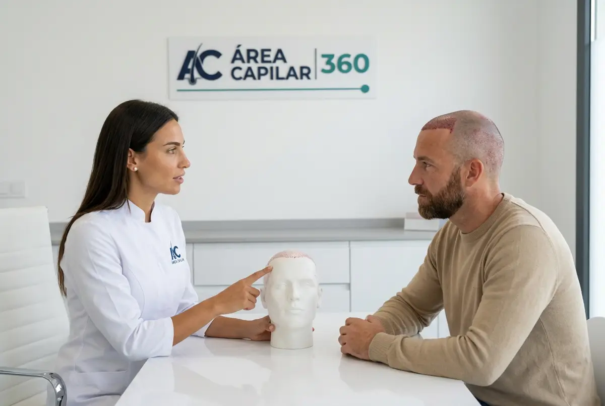 Doctora de Área Capilar explicando con una maqueta de cabeza las zonas donante y receptora a un hombre recién operado de injerto capilar en Madrid
