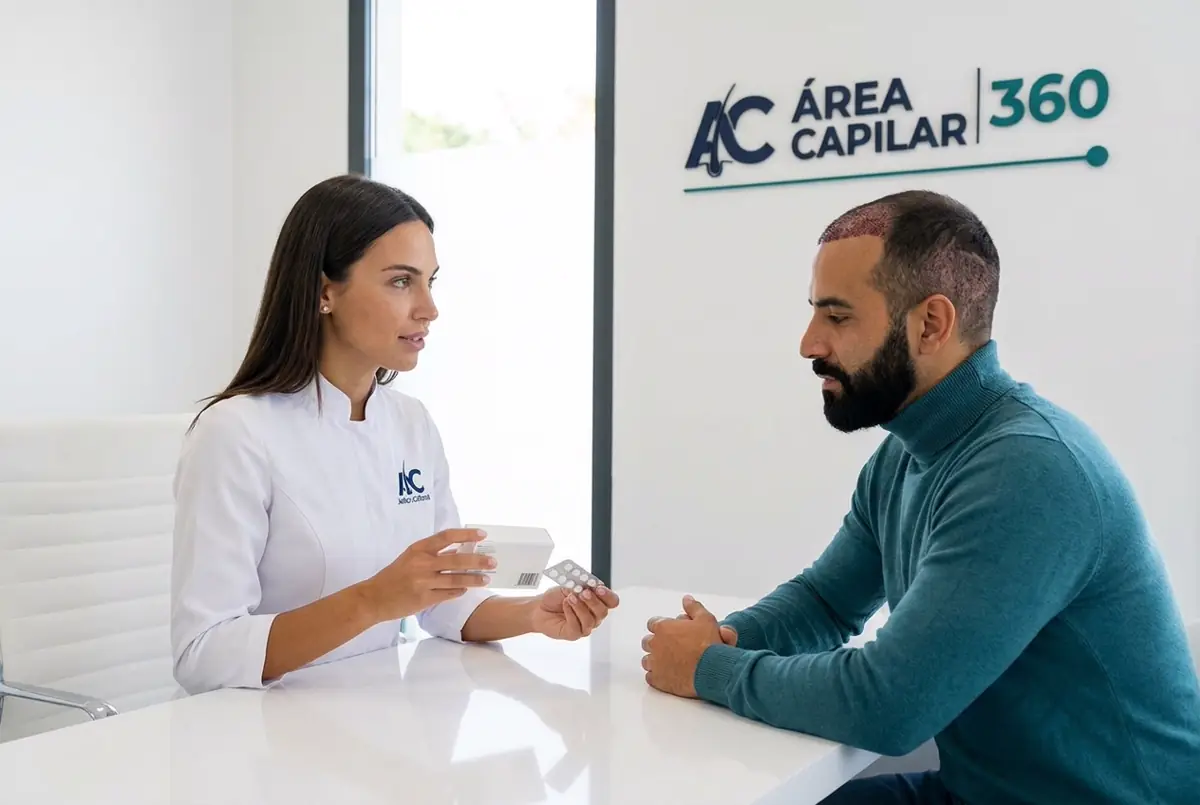 Doctora de Área Capilar enseña a un paciente con la coronilla recién injertada la caja y el blíster de finasteride y le explica la pauta tras el injerto capilar