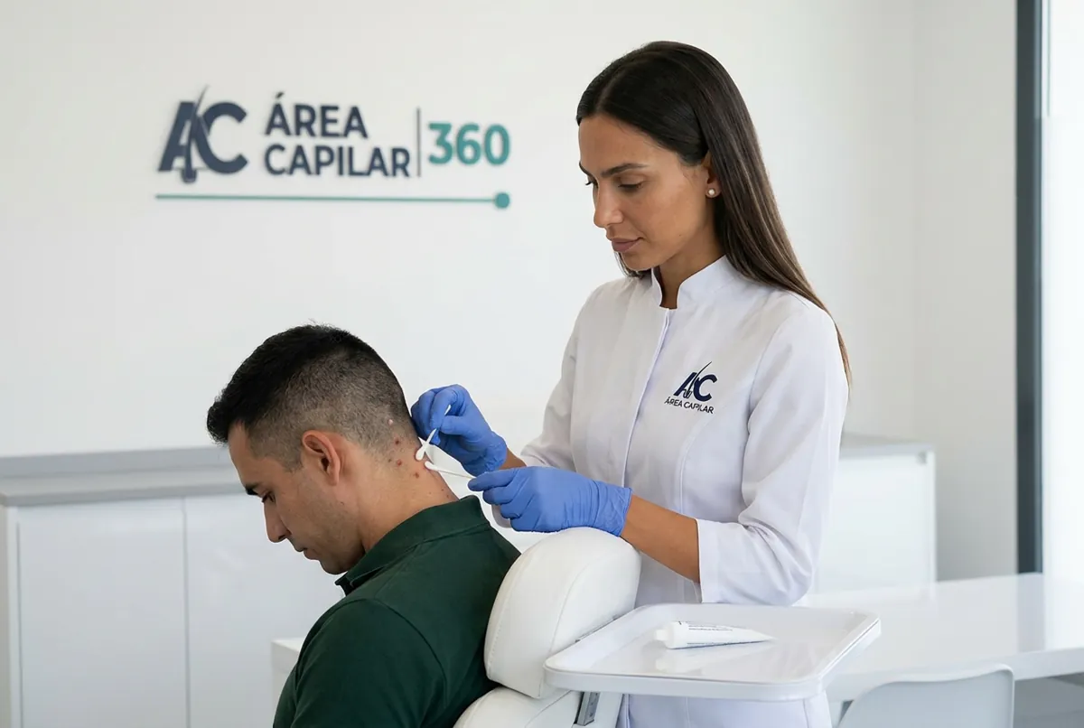 Doctora de Área Capilar aplicando con un bastoncillo una crema sobre los granitos de foliculitis en la nuca de un paciente en la clínica