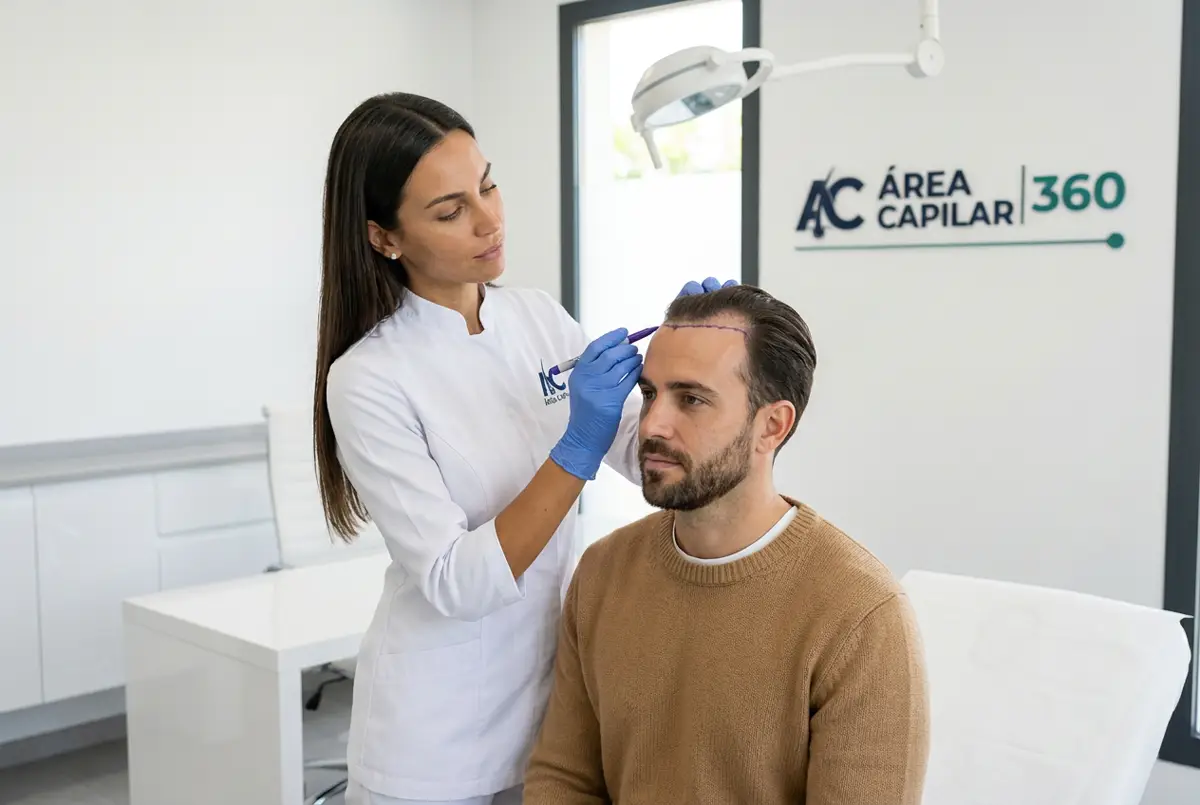 Doctora de Área Capilar dibujando con rotulador quirúrgico la nueva línea del pelo en las entradas de un hombre antes del injerto capilar