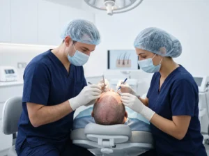 Equipo médico realizando injerto capilar FUE Zafiro durante intervención en quirófano