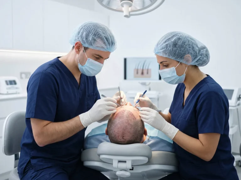 Equipo médico realizando injerto capilar FUE Zafiro durante intervención en quirófano