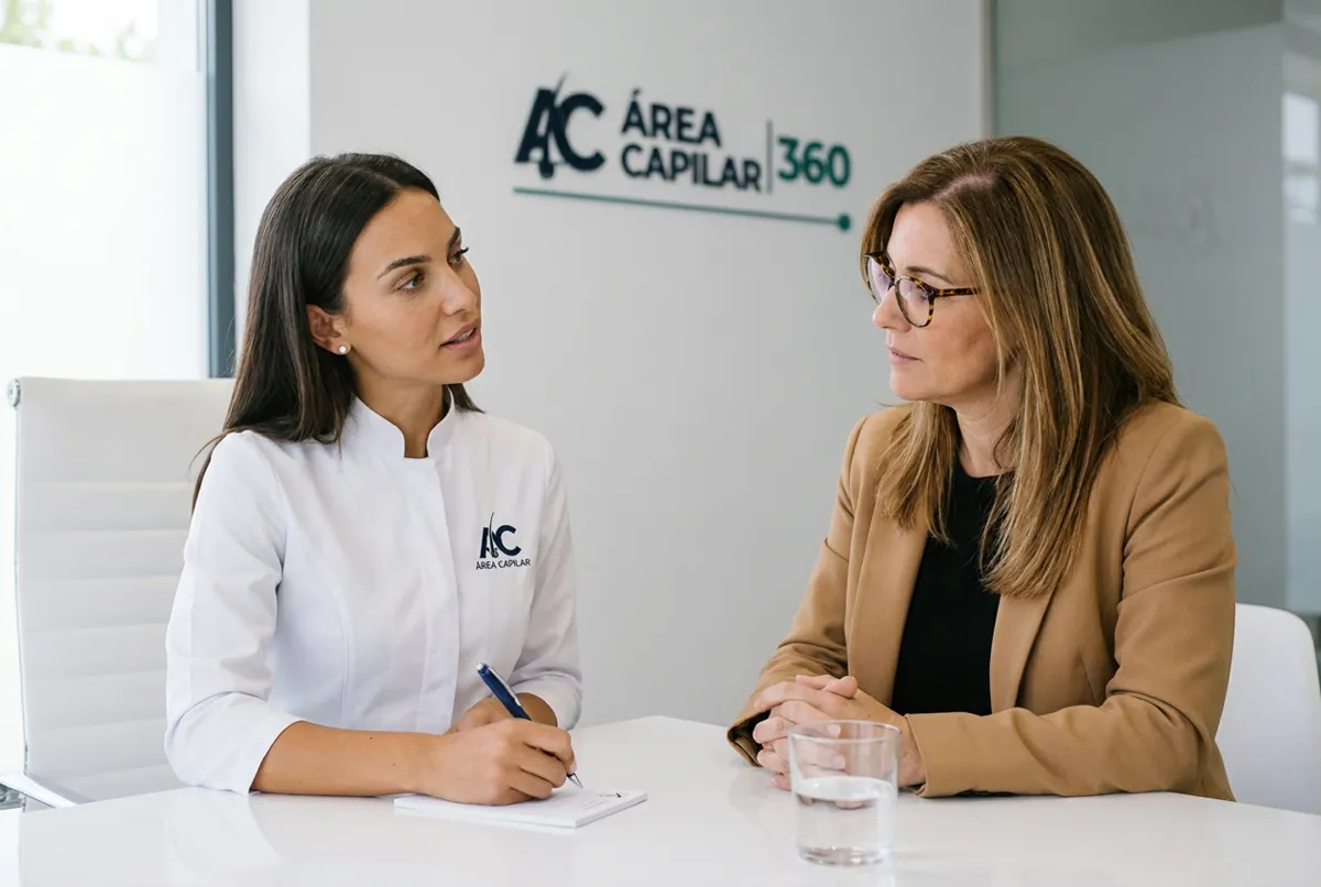 Doctora de Área Capilar escribiendo en consulta la receta y la dosis de minoxidil oral para una paciente con la raya del pelo ensanchada