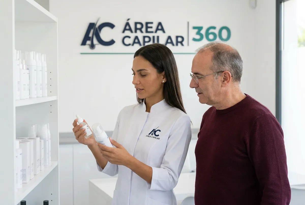 Doctora de Área Capilar enseñando a un paciente dos tipos de minoxidil, un frasco con cuentagotas y una espuma, junto a la estantería de productos de la clínica