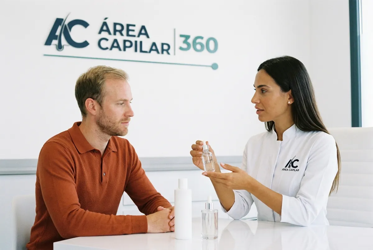 Doctora de Área Capilar enseñando a un paciente un sérum capilar con cuentagotas junto a un champú para explicarle para qué sirve la niacinamida para el pelo
