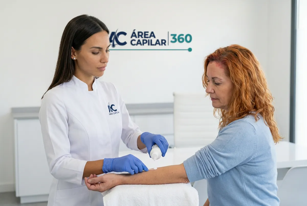 Especialista de Área Capilar poniendo una gota de champú en el antebrazo de una paciente para hacer una prueba de alergia a los parabenos para el pelo