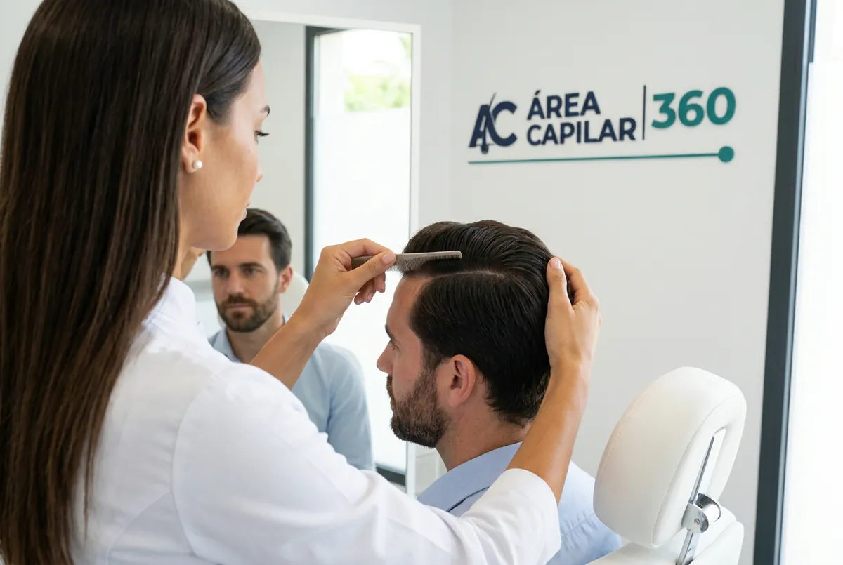 Especialista de Área Capilar marcando con un peine la raya lateral del pelo a un hombre frente al espejo de la clínica