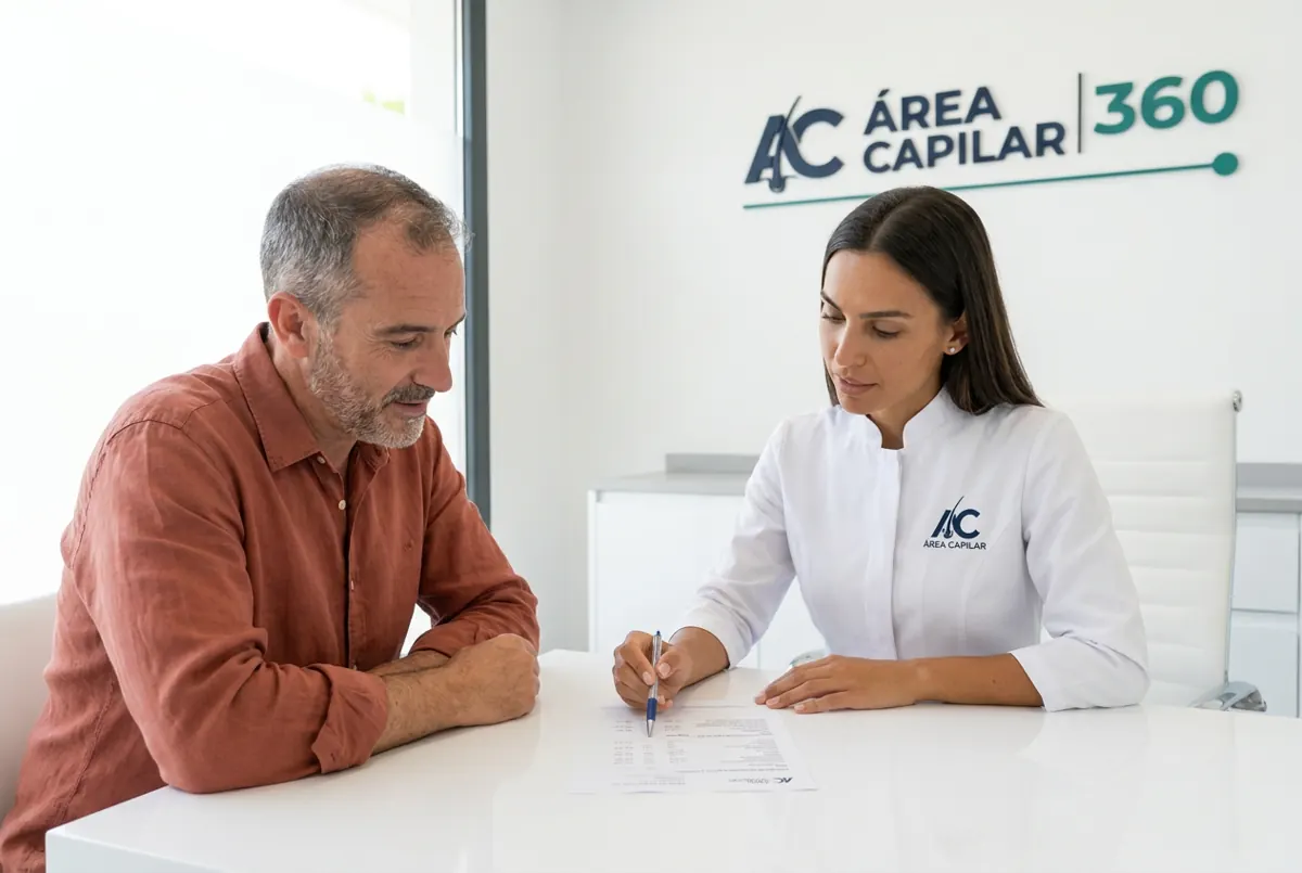 Doctora de Área Capilar señalando en un análisis de sangre la vitamina B12 a un hombre canoso, para explicar la relación entre canas y calvicie en la clínica de Madrid