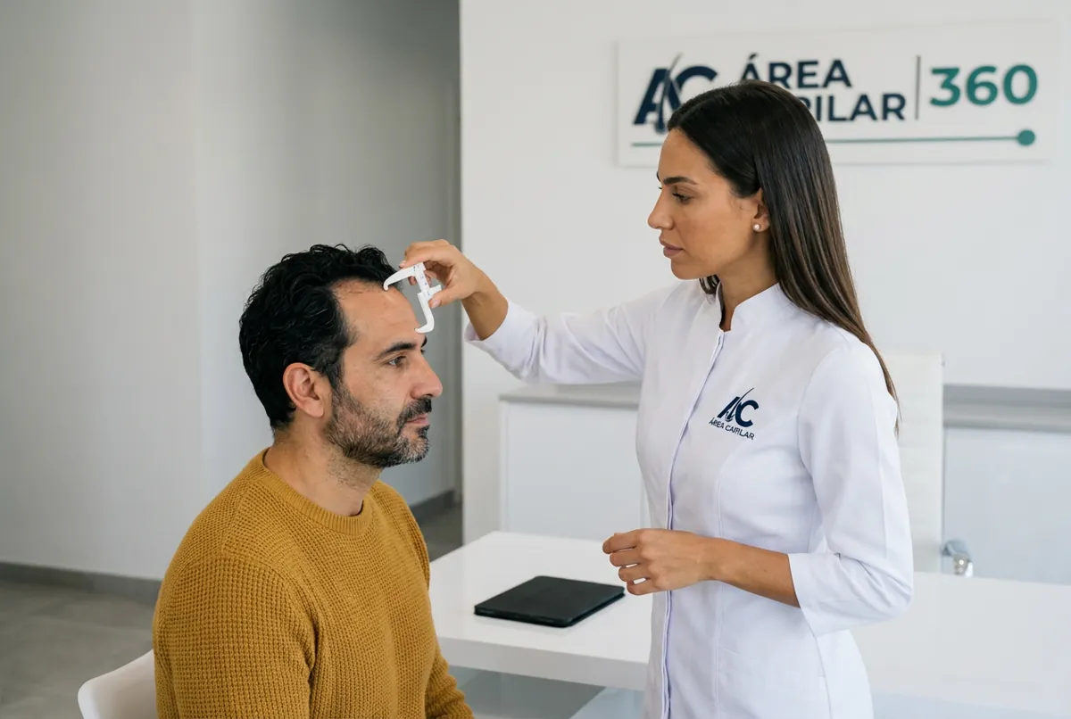 Doctora de Área Capilar midiendo con un calibre la frente de un hombre con entradas para diseñar una primera línea capilar natural en el injerto capilar