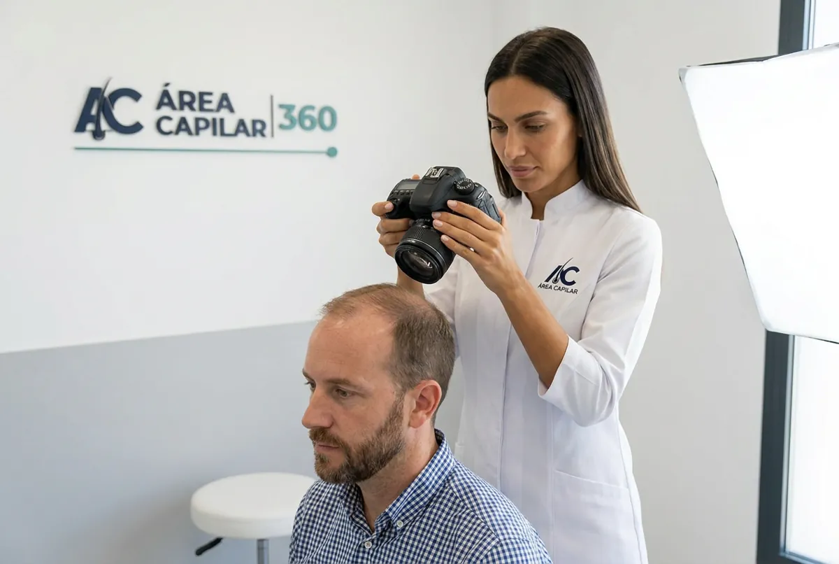 Doctora de Área Capilar fotografiando la coronilla clara de un hombre con alopecia androgénica para seguir su evolución en la clínica