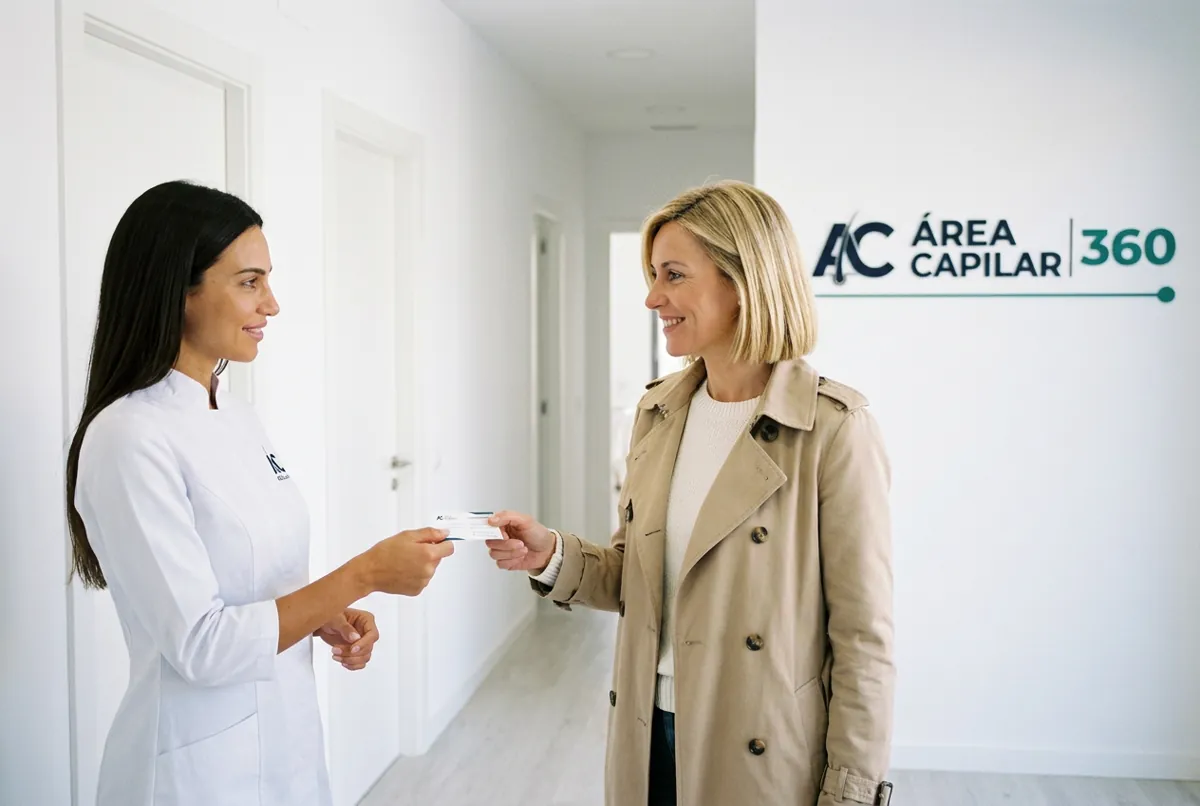 Doctora de Área Capilar entregando a una paciente la tarjeta de su próxima cita en el pasillo de la clínica, tras hablar de qué significa soñar que se te cae el pelo