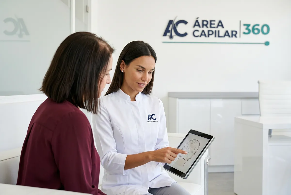 Doctora de Área Capilar enseñando en una tablet a una paciente la zona donante de la técnica FUE, frente a la técnica FUSS o de la tira, en la clínica de Madrid