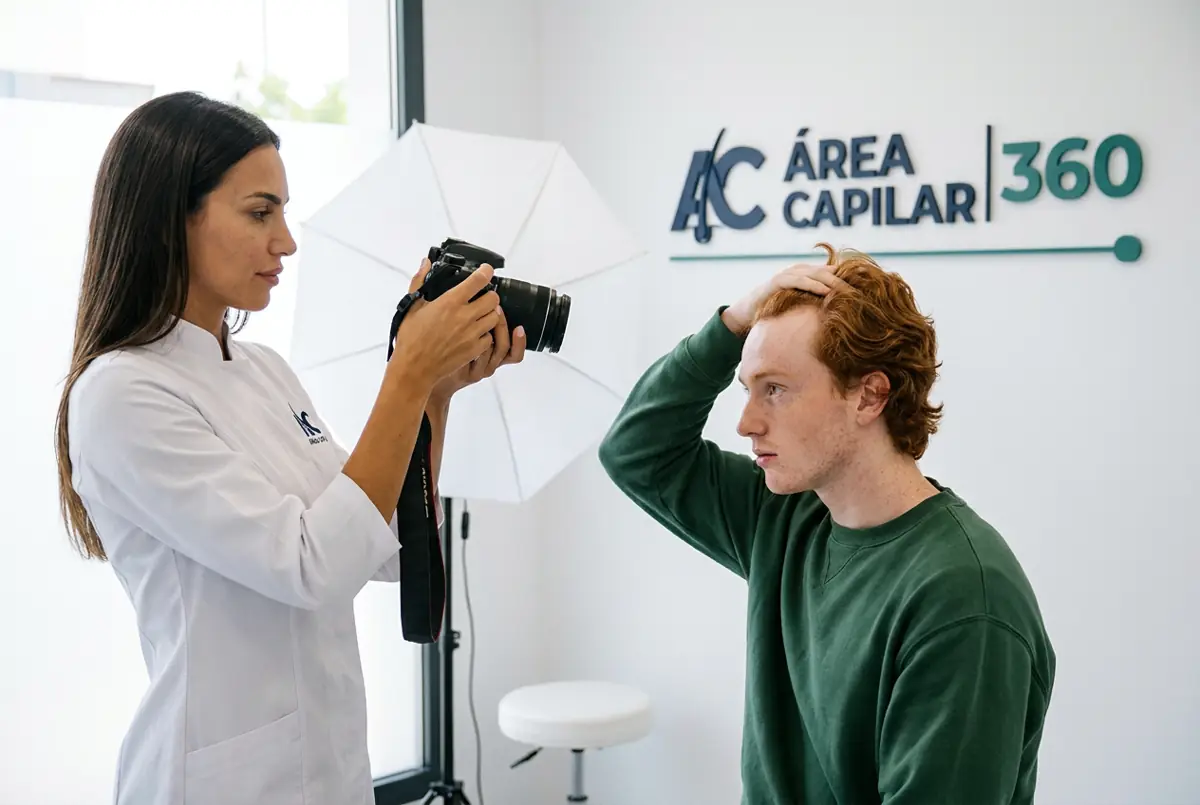 Doctora de Área Capilar fotografiando las entradas de un joven pelirrojo que se sujeta el pelo hacia atrás en la sala de fotografía clínica