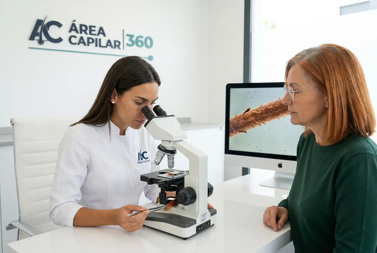 Doctora de Área Capilar mirando al microscopio un pelo teñido de una paciente con raíces canosas, que ve en el monitor la cutícula del pelo ampliada, para explicar si es malo teñirse el pelo