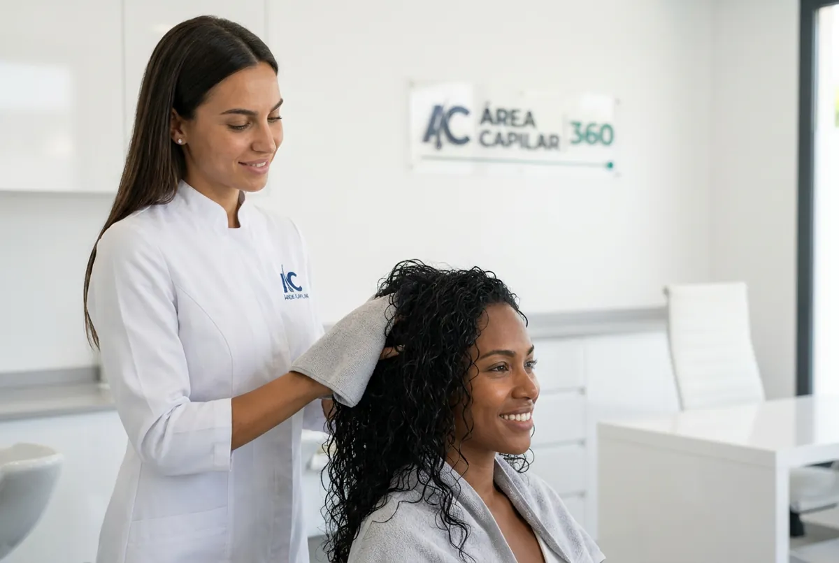 Doctora de Área Capilar secando con una toalla de microfibra gris el pelo rizado y mojado de una paciente, presionando sin frotar, en la clínica