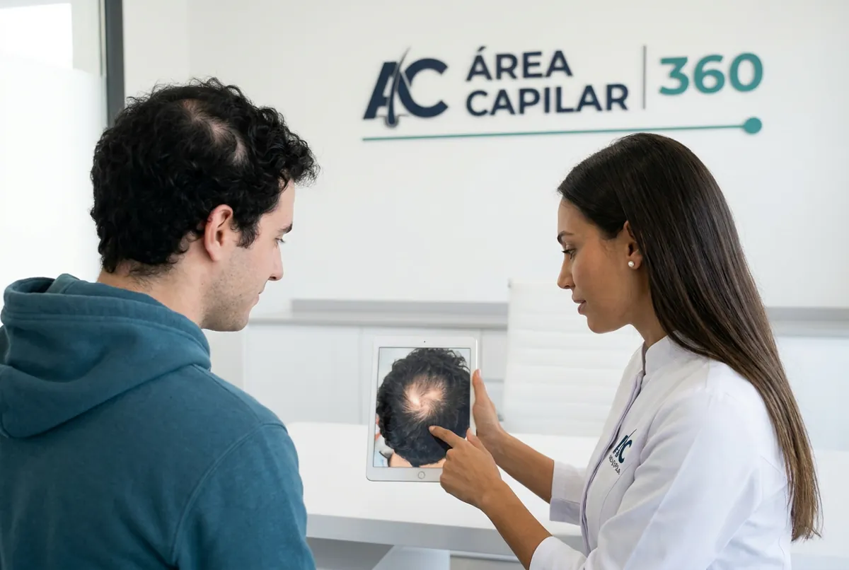 Doctora de Área Capilar enseñando en una tablet a un paciente joven las pequeñas zonas clareadas de su cabeza por tricofagia y síndrome de Rapunzel
